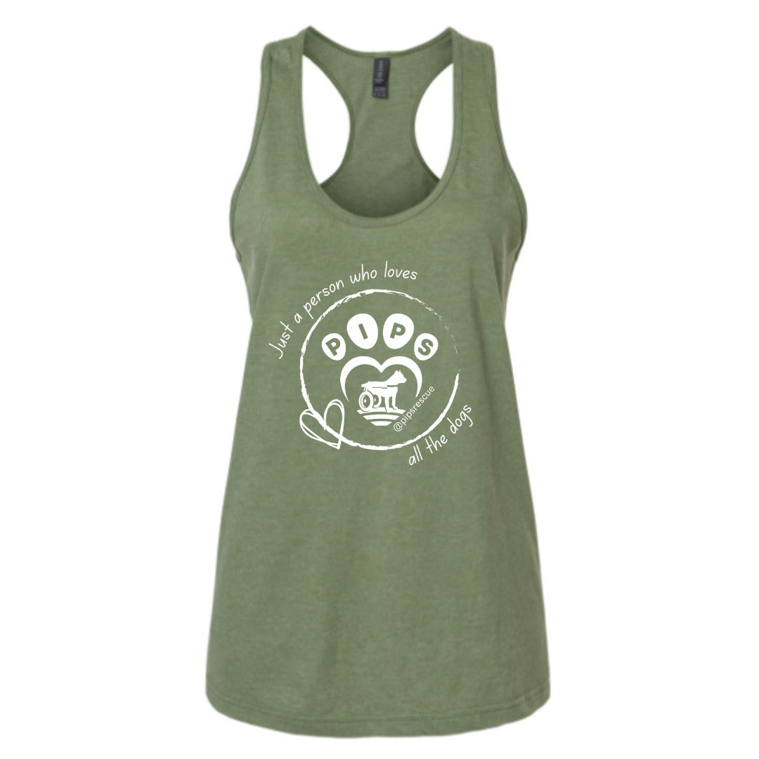 PIPs - "Just a Person Who Loves All the Dogs" Women's Racerback Tank